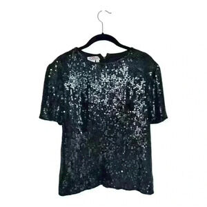 Talbots Vintage 100% Silk Black Sequin Round Neck Short Sleeve Blouse, sz Small